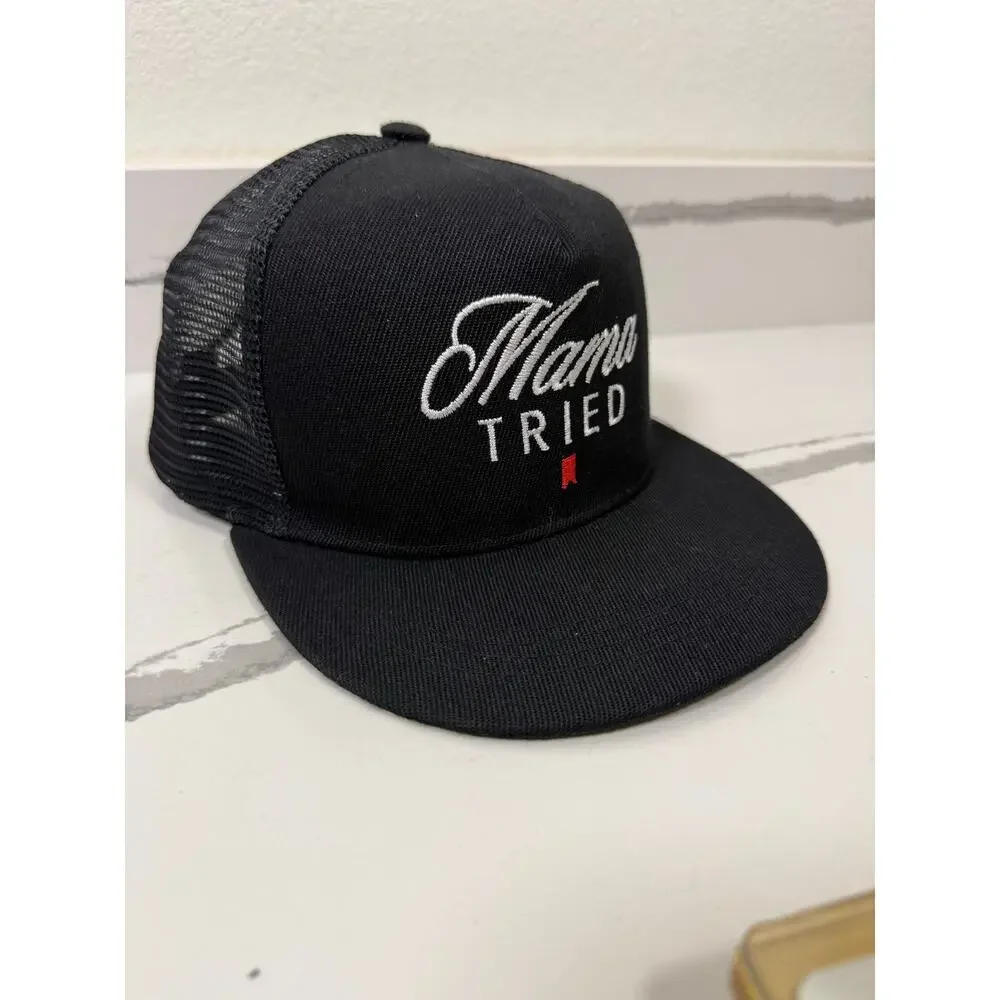 Mama Tried Snap Back Flat‎ Bill Hat Mesh Adjustable One Size Black Embroidered
